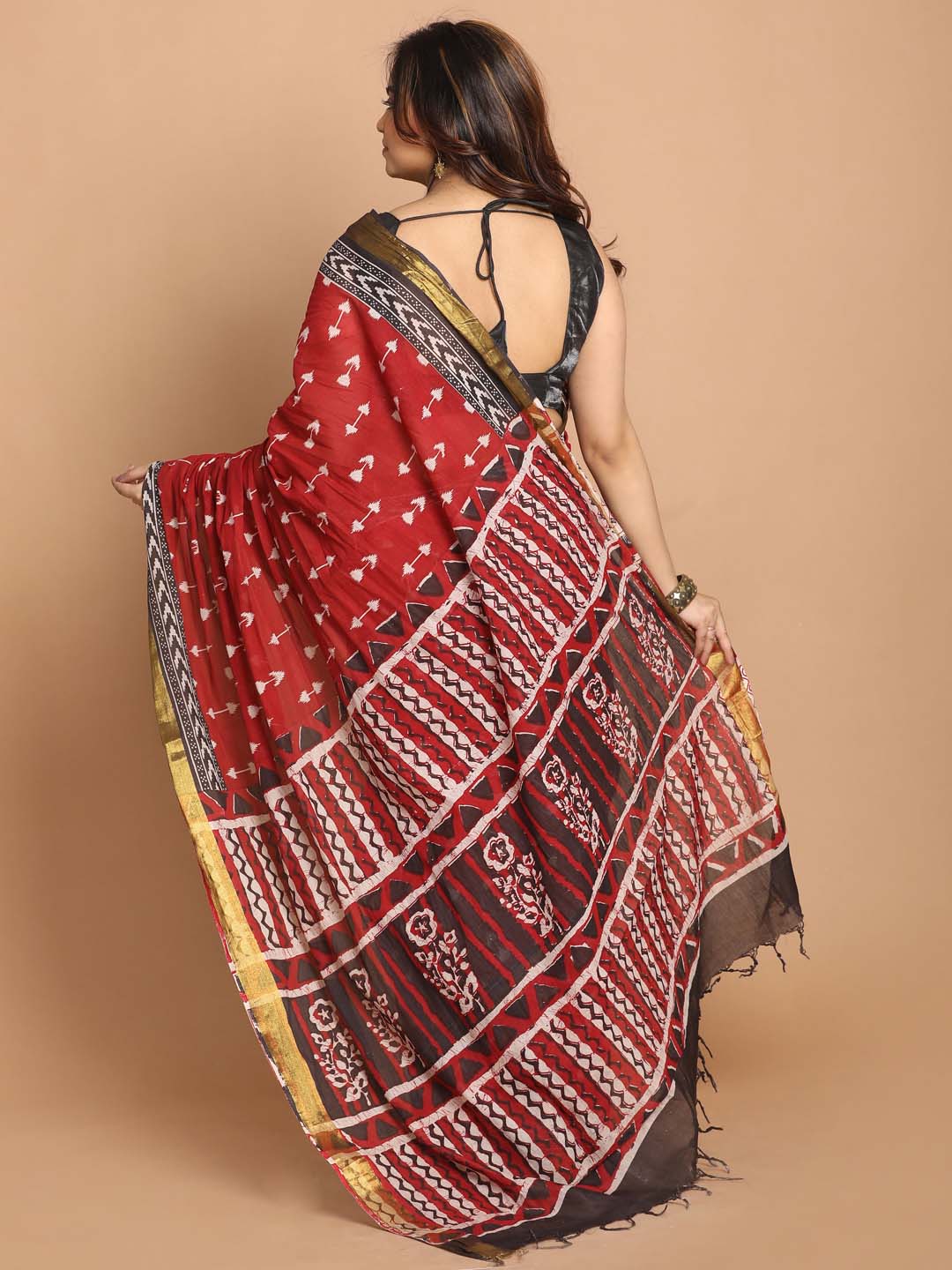 Indethnic Printed Pure Cotton Saree in Maroon - View 3