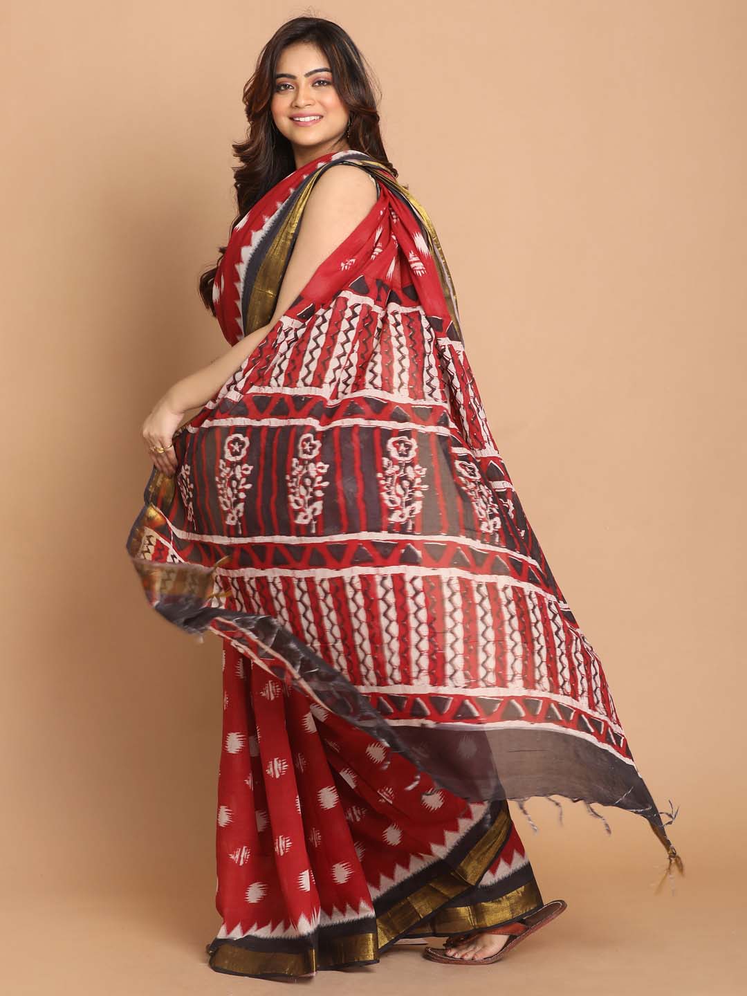 Indethnic Printed Pure Cotton Saree in Maroon - View 2