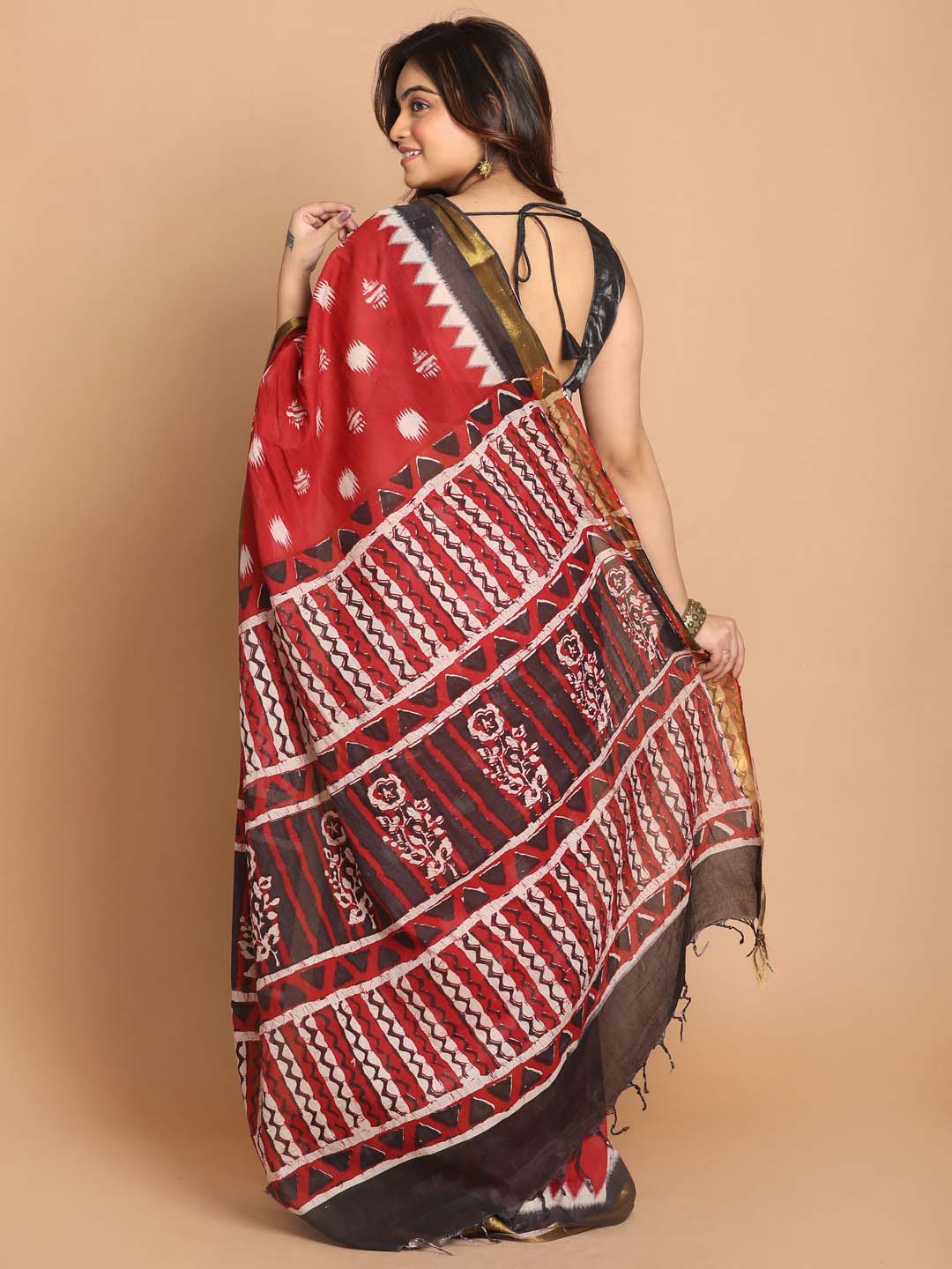 Indethnic Printed Pure Cotton Saree in Maroon - View 3