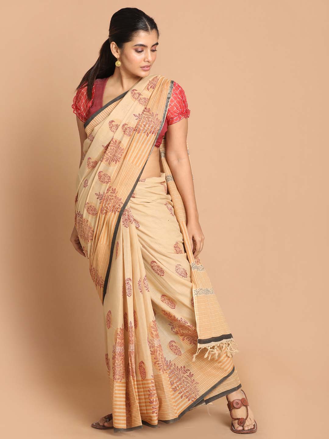 Indethnic Printed Pure Cotton Saree in Maroon - View 1