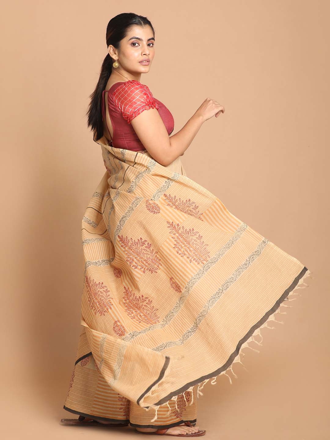 Indethnic Printed Pure Cotton Saree in Maroon - View 2