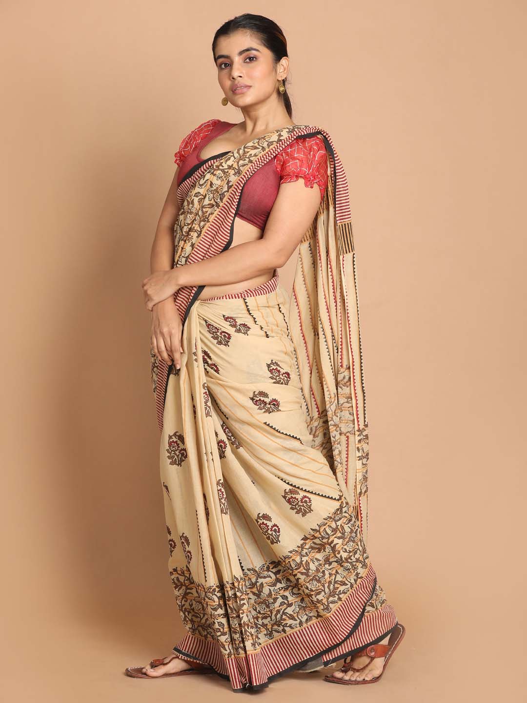 Indethnic Printed Pure Cotton Saree in Maroon - View 2