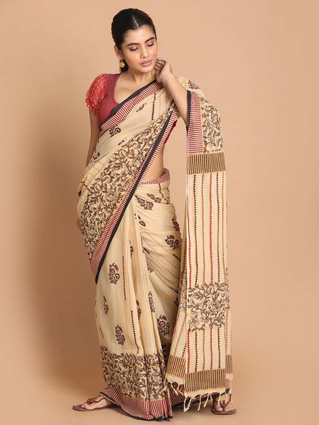 Indethnic Printed Pure Cotton Saree in Maroon - View 1