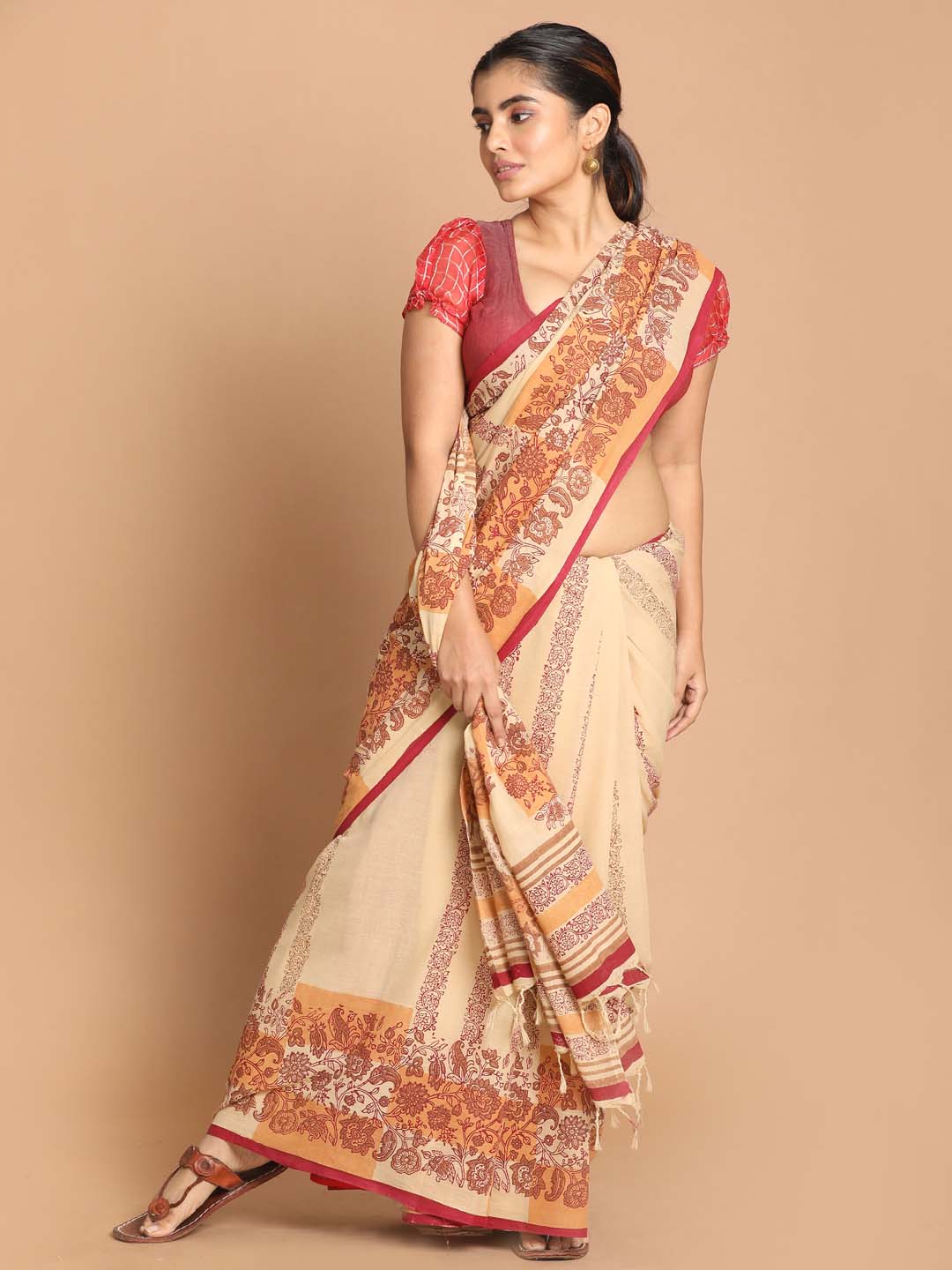 Indethnic Printed Pure Cotton Saree in Maroon - View 1