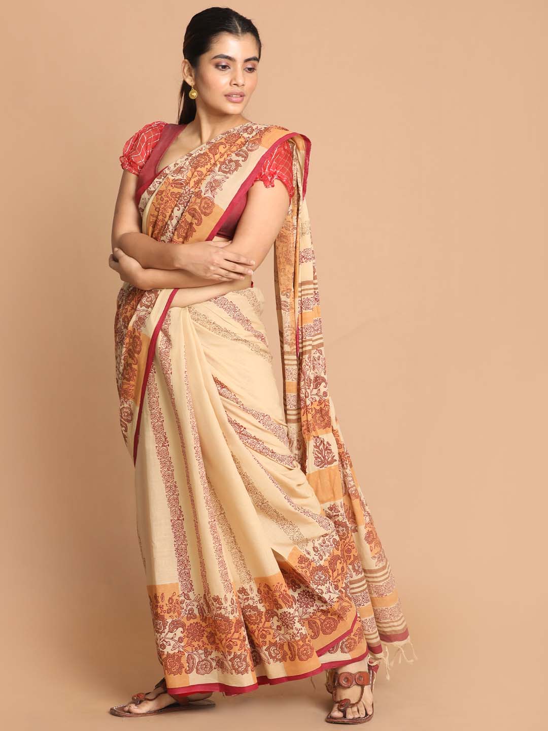 Indethnic Printed Pure Cotton Saree in Maroon - View 2