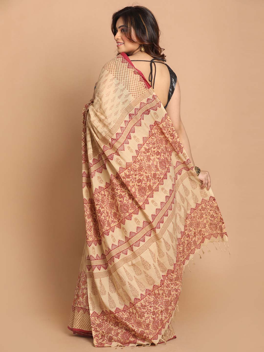 Indethnic Printed Pure Cotton Saree in Maroon - View 3