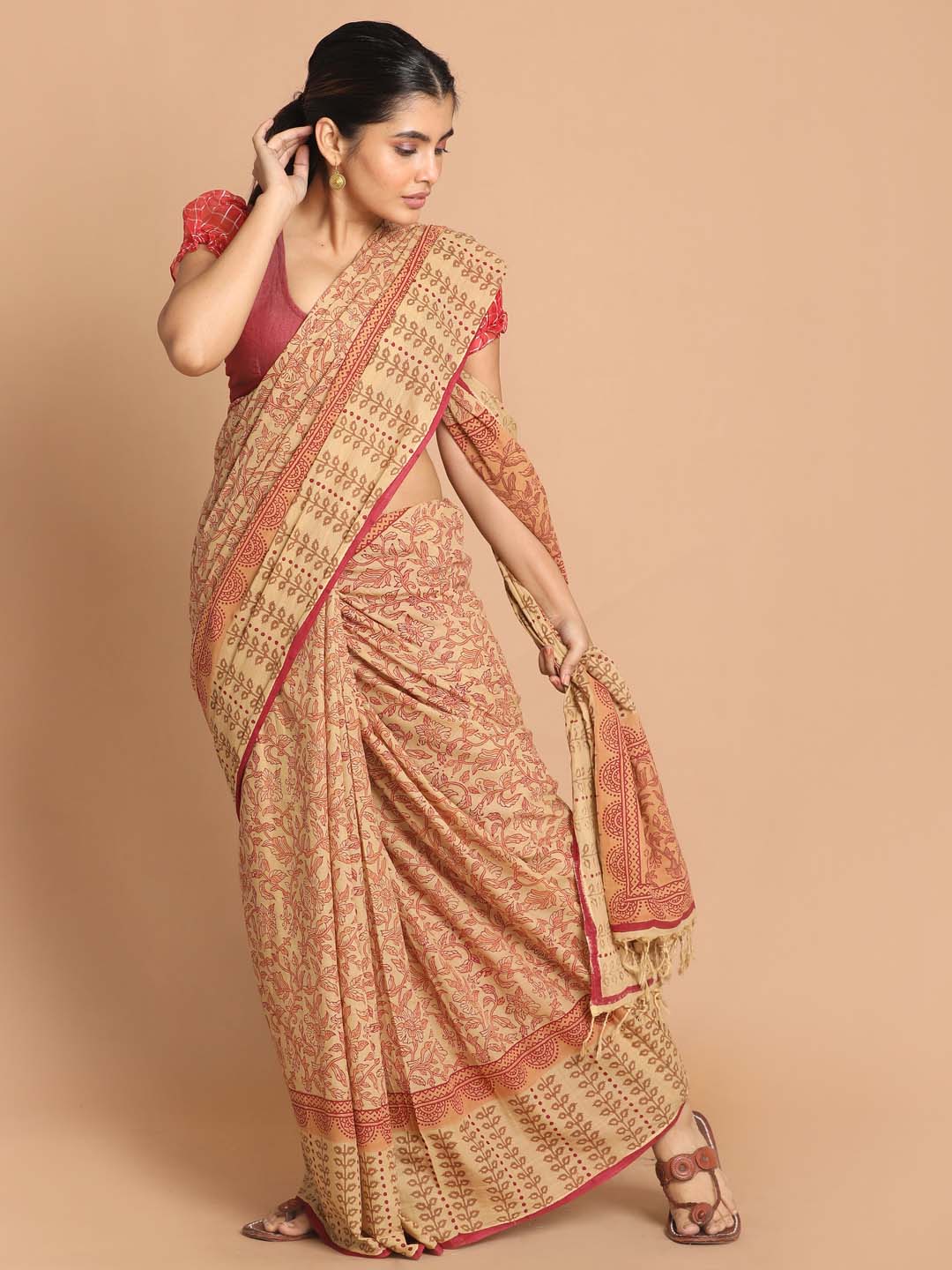 Indethnic Printed Pure Cotton Saree in Maroon - View 2