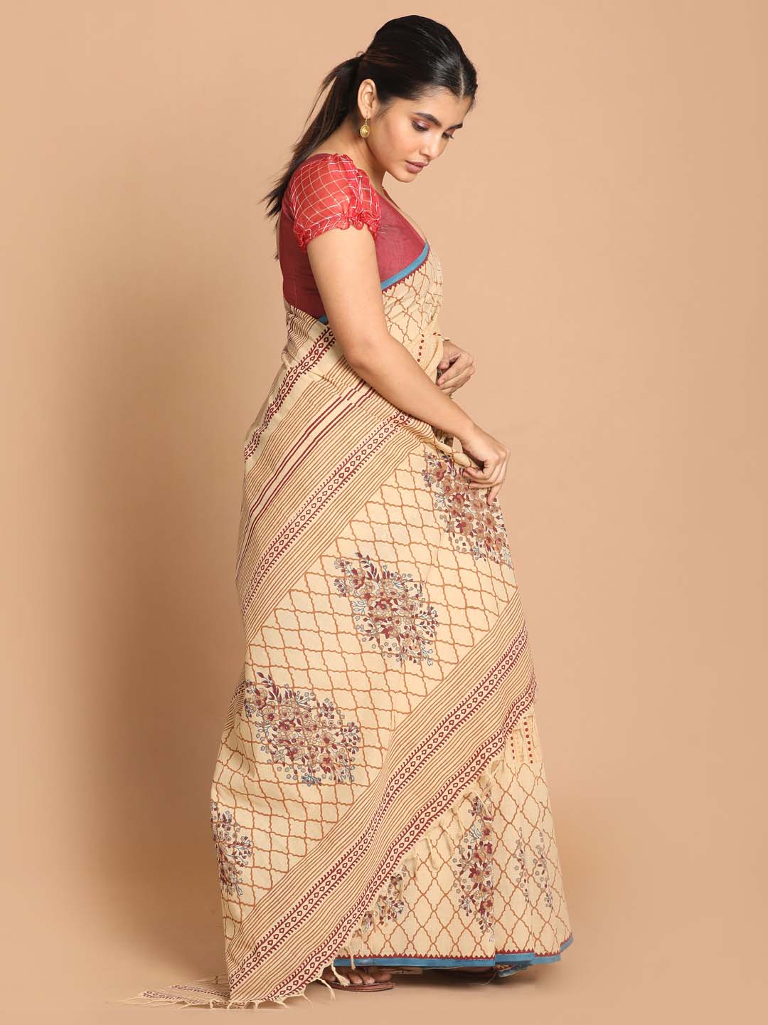Indethnic Printed Pure Cotton Saree in Maroon - View 1