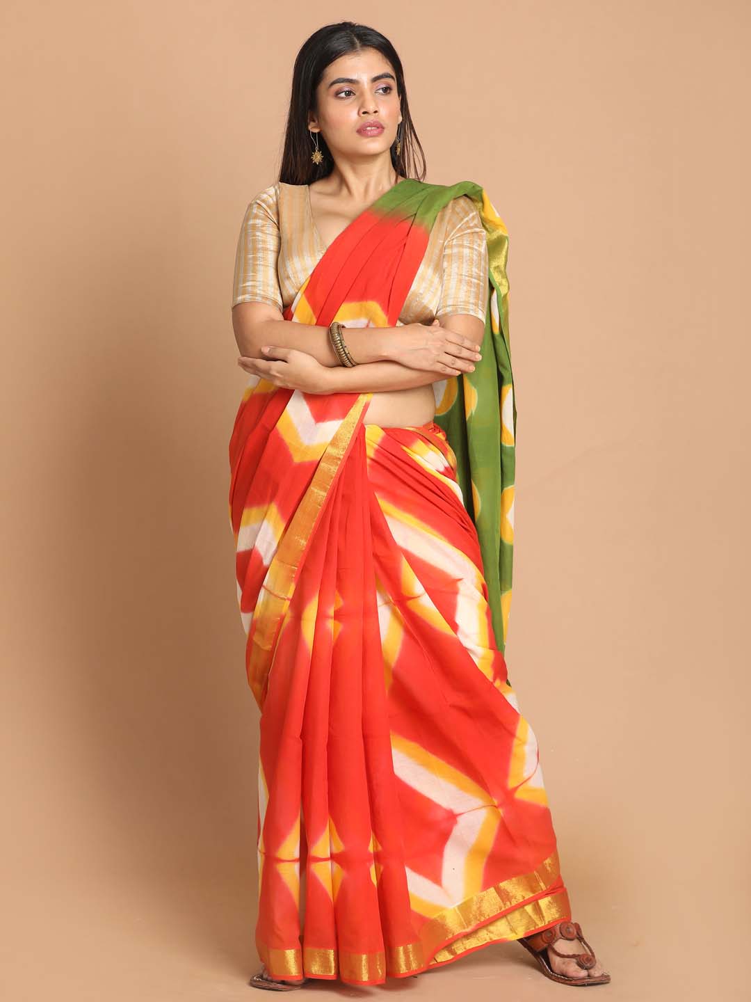 Indethnic Printed Pure Cotton Saree in Multi - View 1