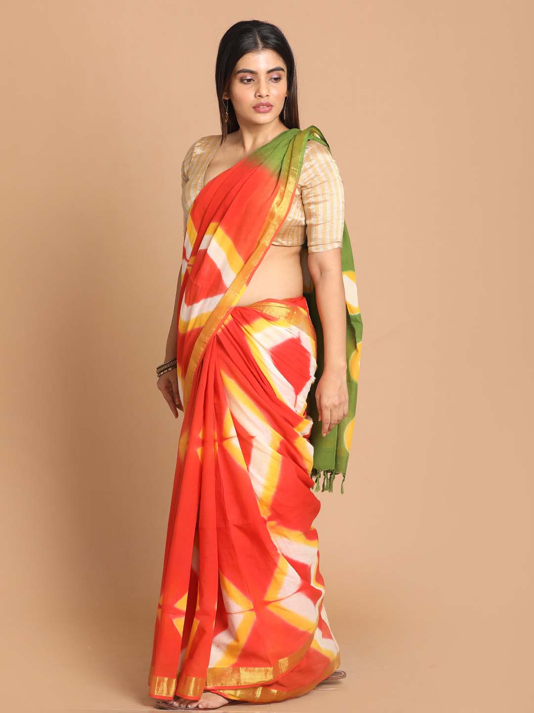 Indethnic Printed Pure Cotton Saree in Multi - View 2