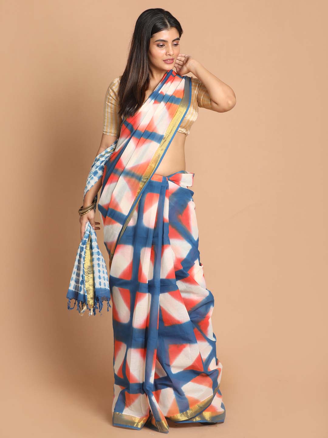 Indethnic Printed Pure Cotton Saree in Multi - View 1