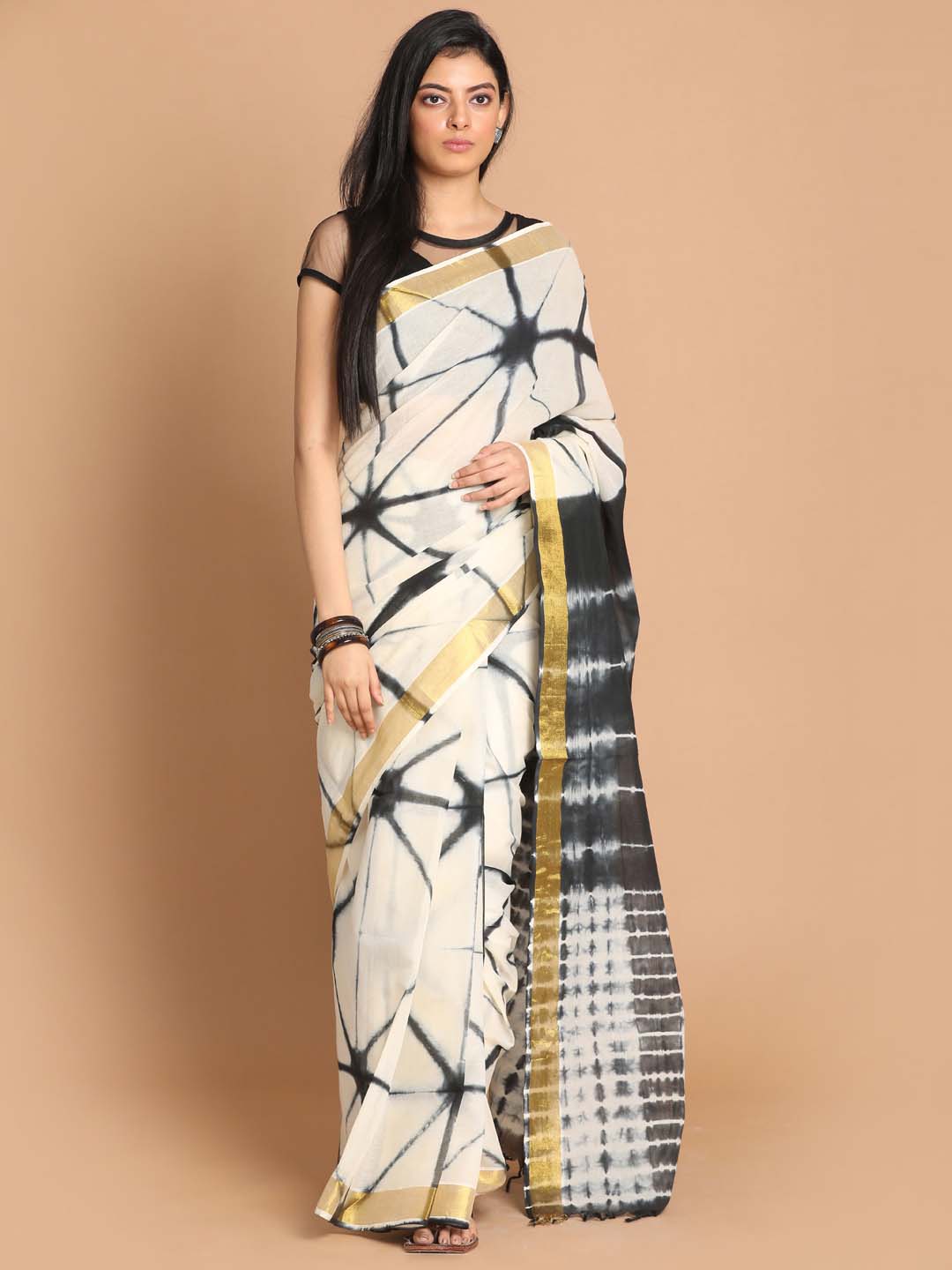 Indethnic Printed Pure Cotton Saree in Multi - View 1