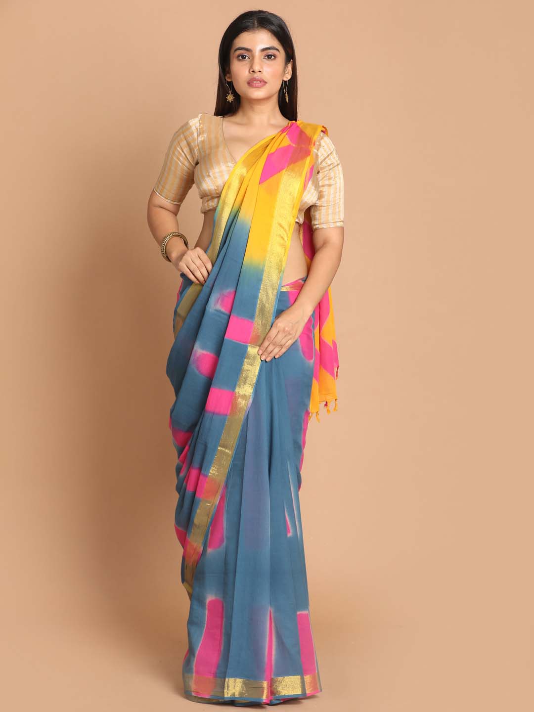 Indethnic Printed Pure Cotton Saree in Multi - View 1