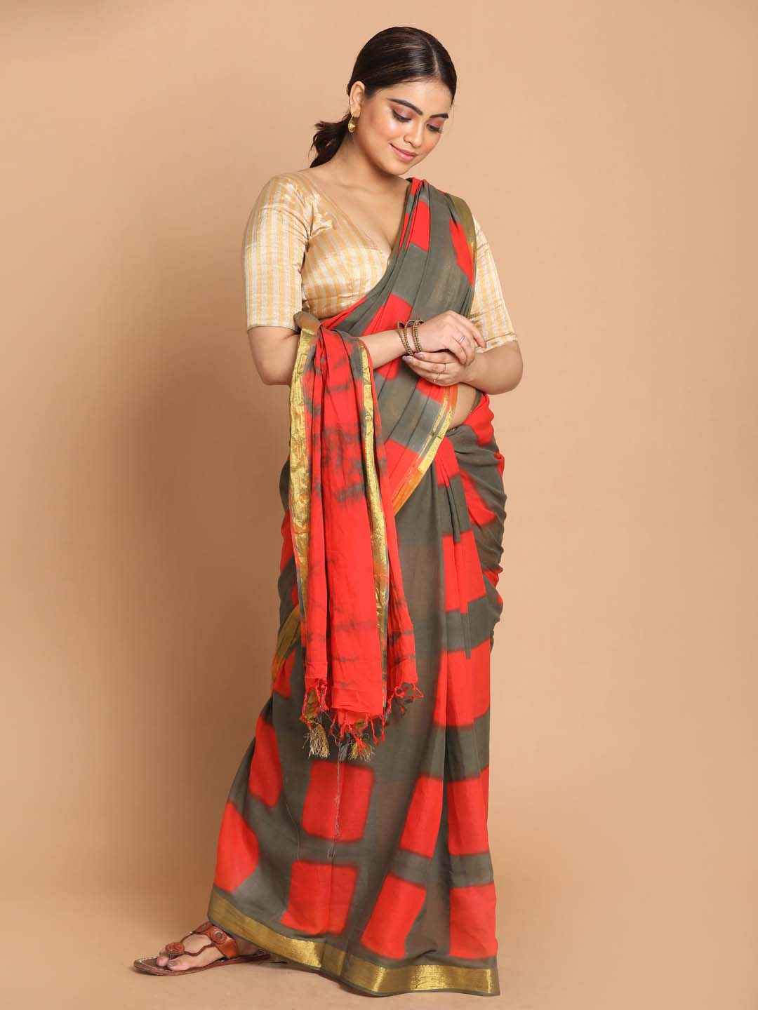 Indethnic Printed Pure Cotton Saree in Multi - View 1