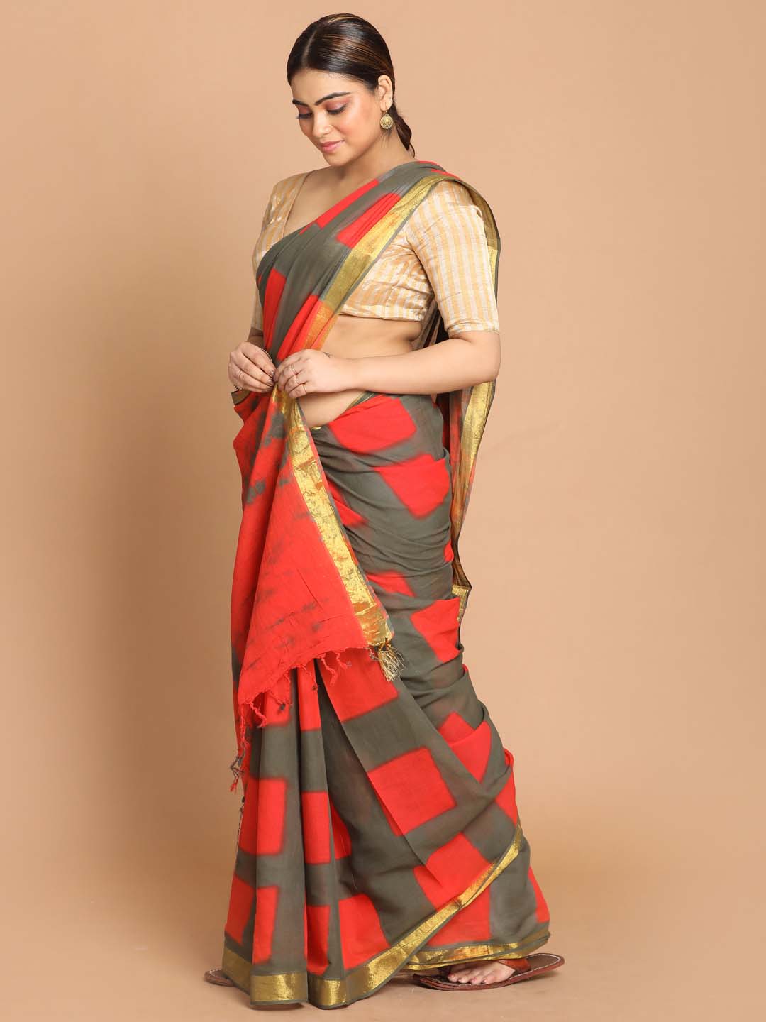 Indethnic Printed Pure Cotton Saree in Multi - View 2