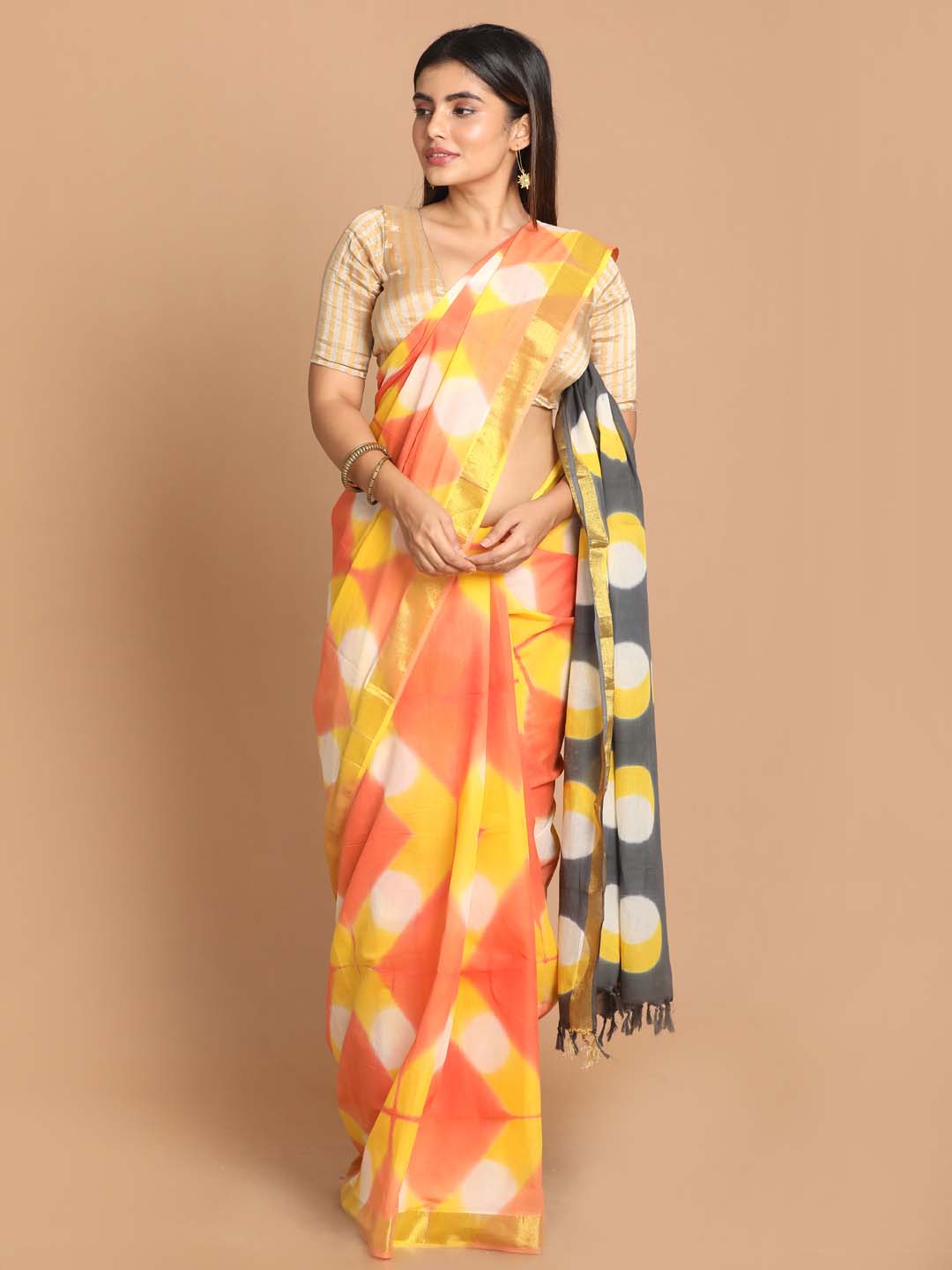 Indethnic Printed Pure Cotton Saree in Multi - View 1