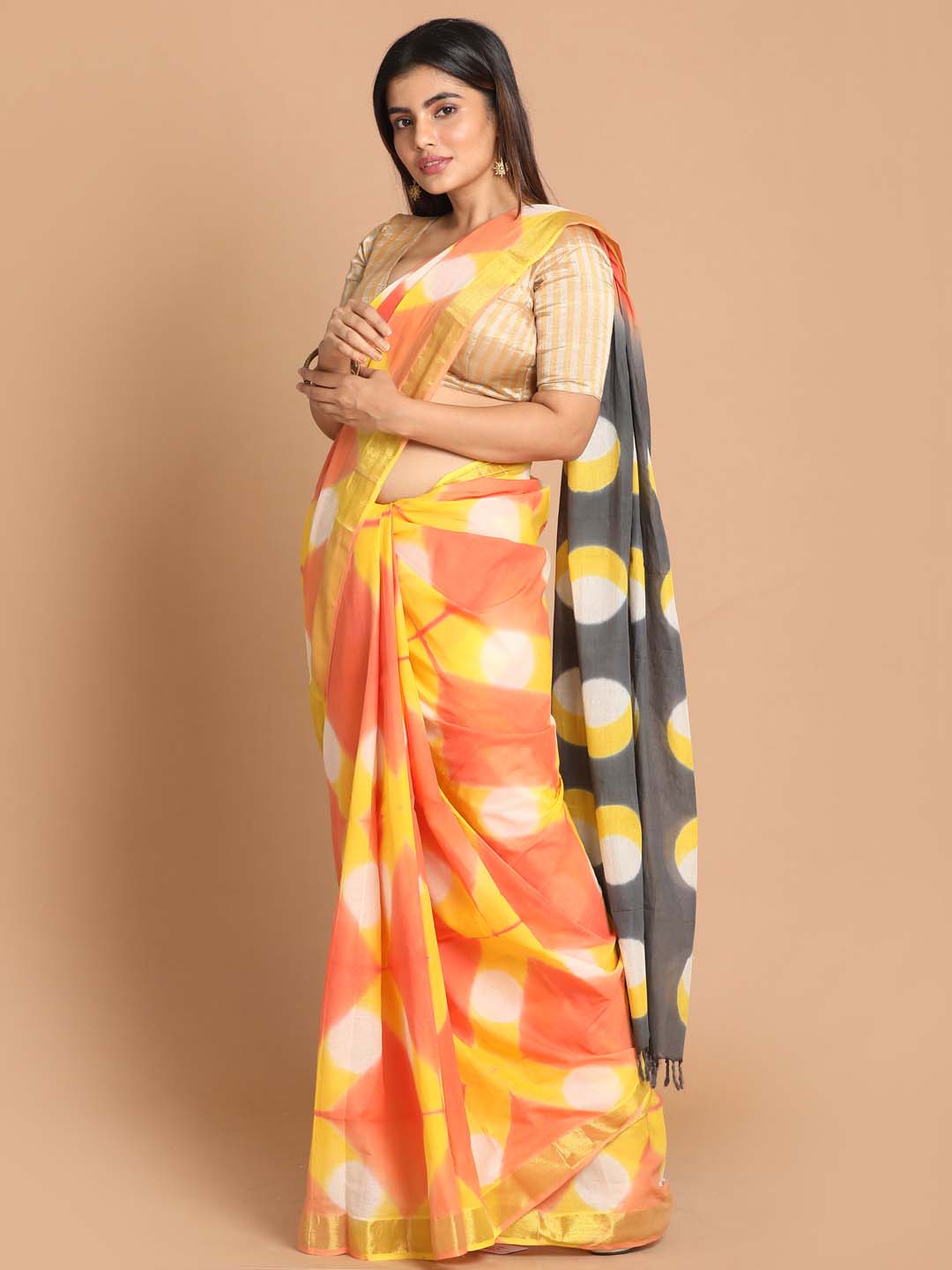 Indethnic Printed Pure Cotton Saree in Multi - View 2