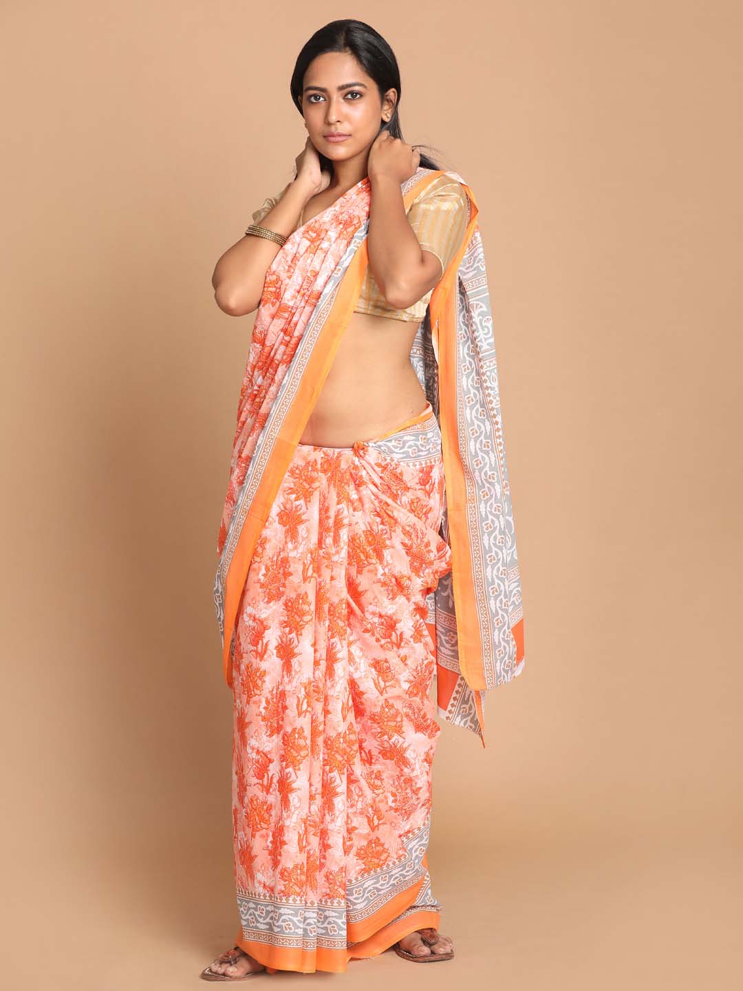 Indethnic Printed Pure Cotton Saree in Orange - View 1