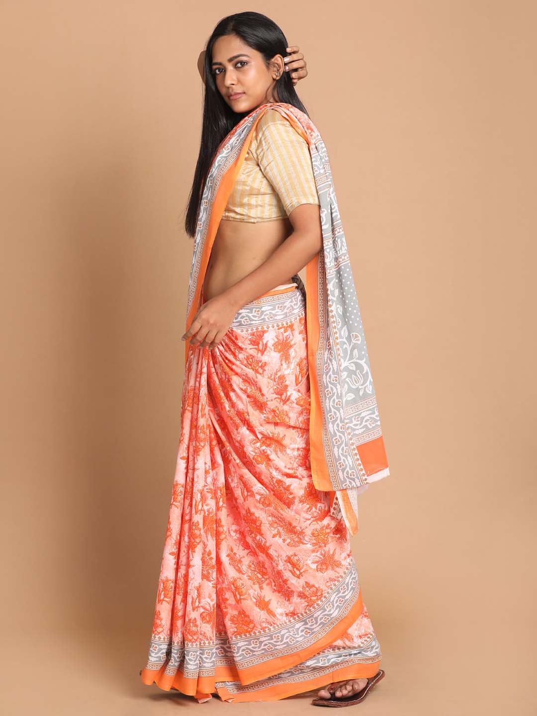 Indethnic Printed Pure Cotton Saree in Orange - View 2