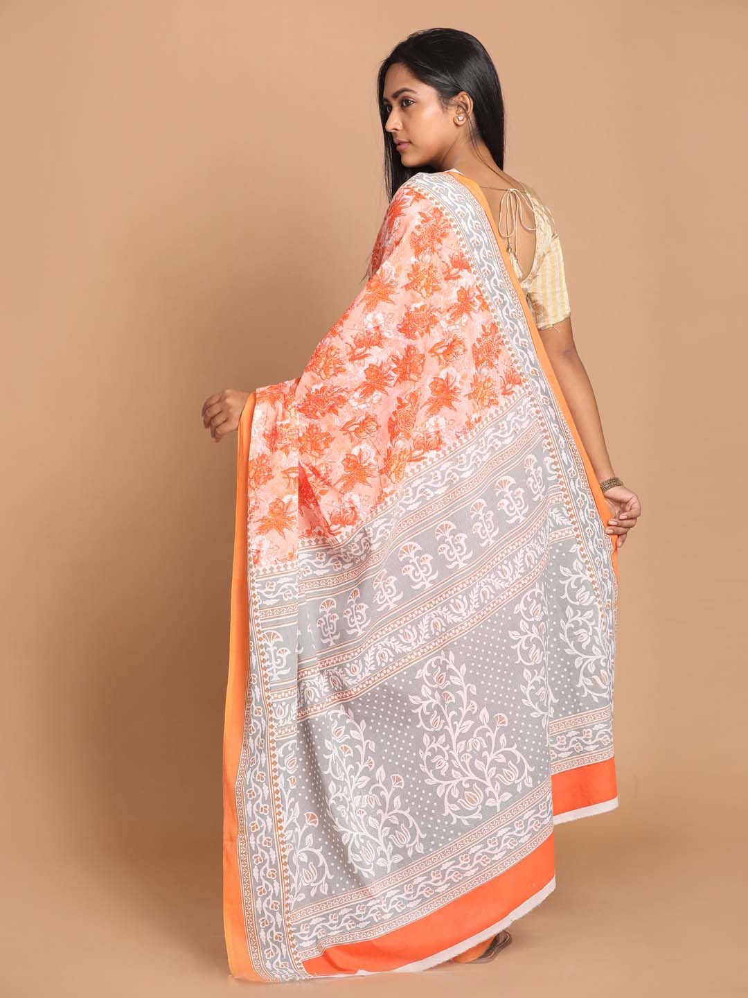 Indethnic Printed Pure Cotton Saree in Orange - View 3