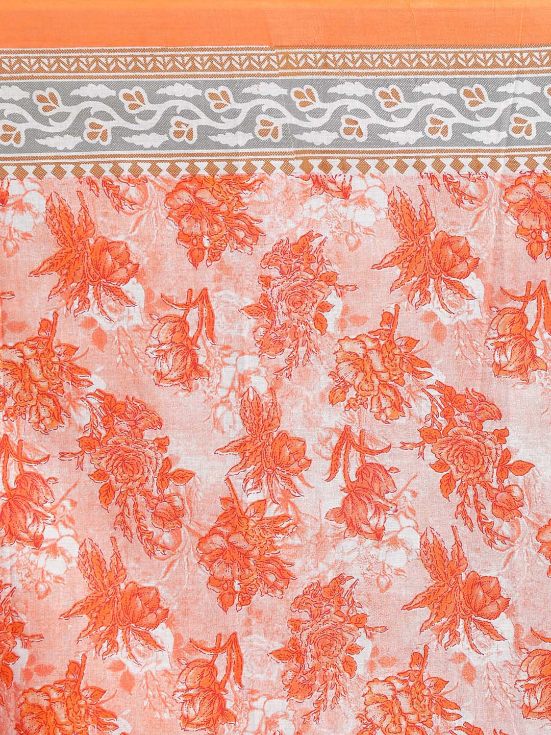 Indethnic Printed Pure Cotton Saree in Orange - Saree Detail View