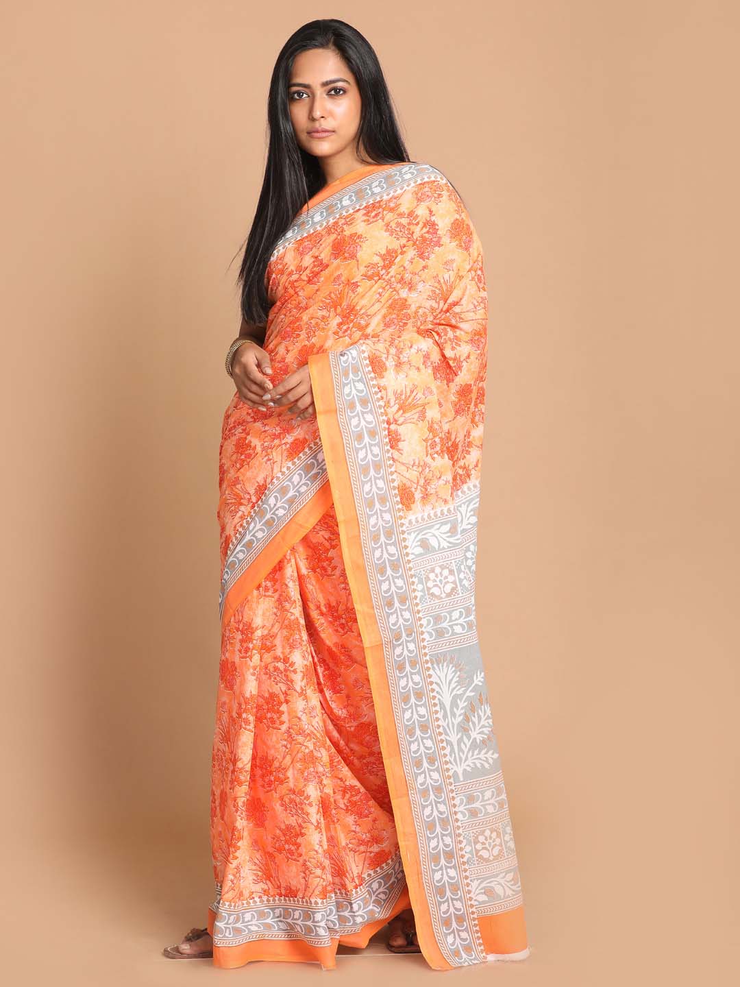 Indethnic Printed Pure Cotton Saree in Orange - View 1