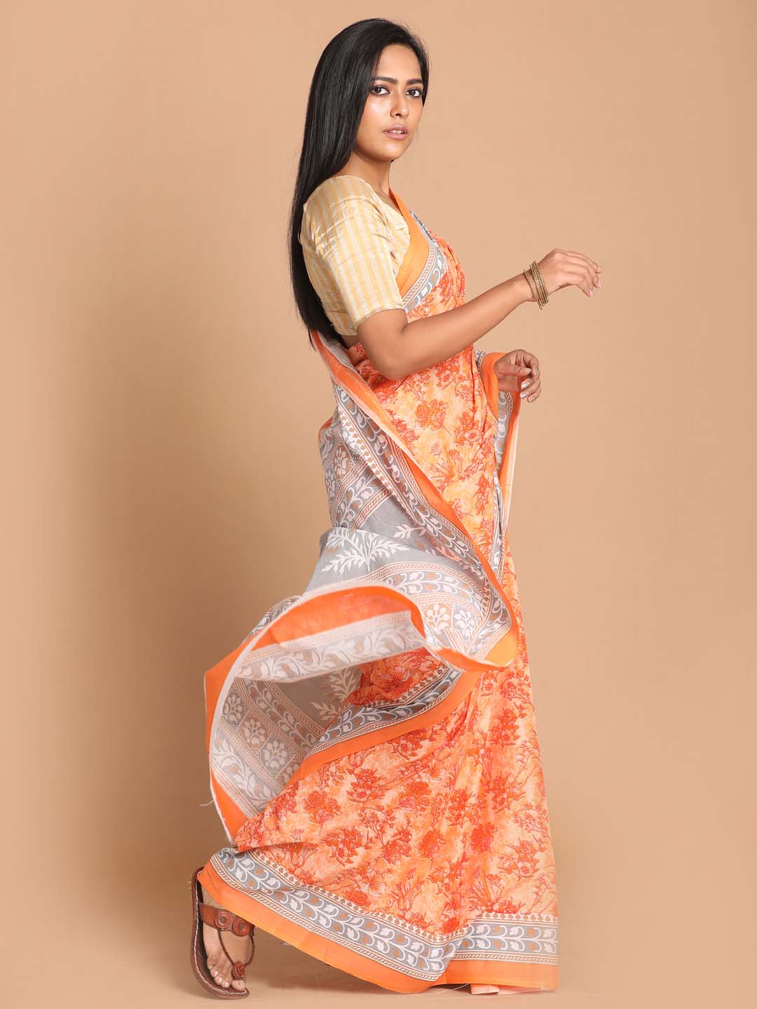 Indethnic Printed Pure Cotton Saree in Orange - View 2