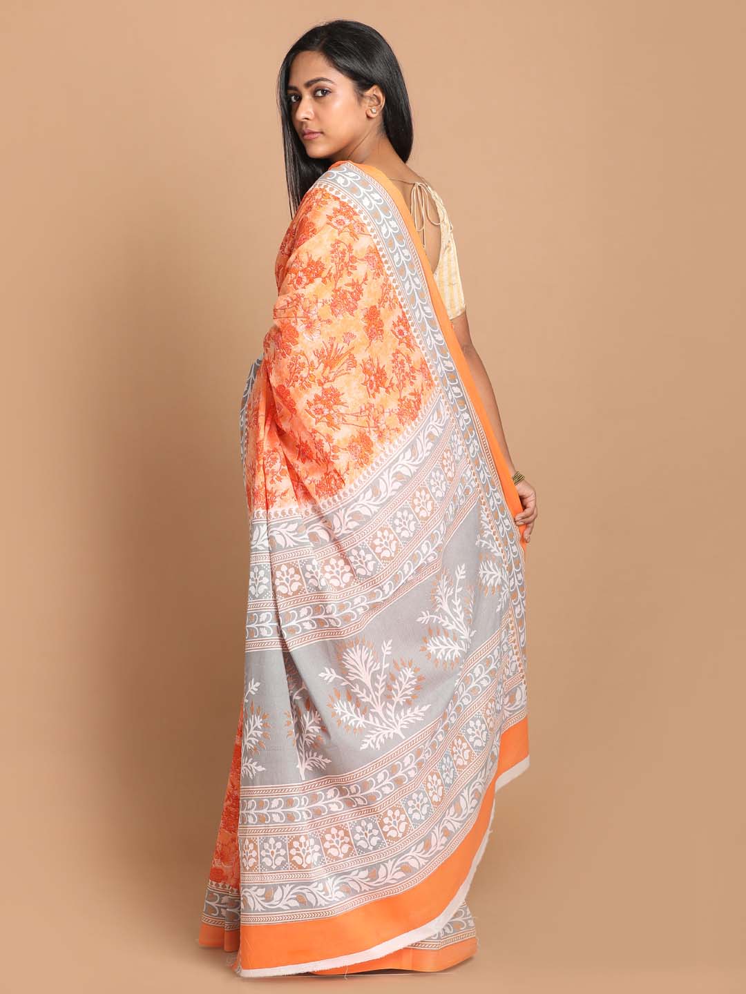 Indethnic Printed Pure Cotton Saree in Orange - View 3