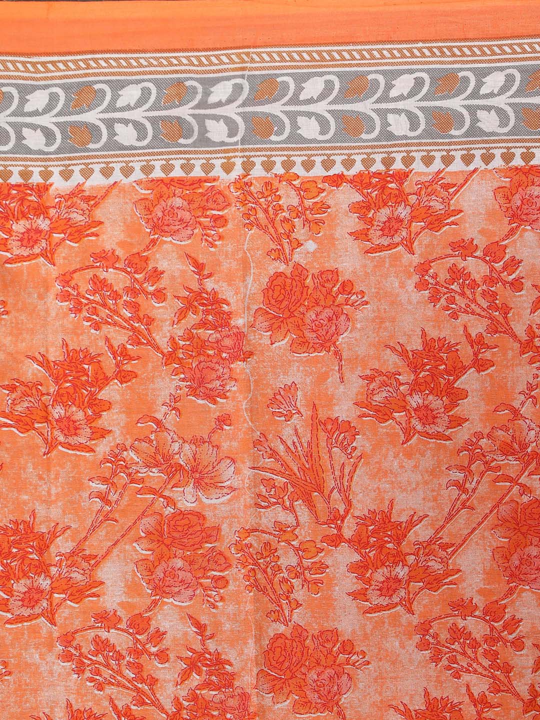 Indethnic Printed Pure Cotton Saree in Orange - Saree Detail View