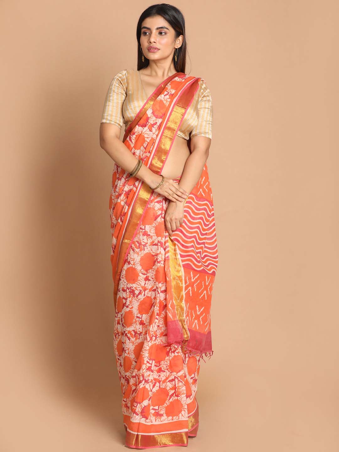 Indethnic Printed Pure Cotton Saree in Orange - View 1