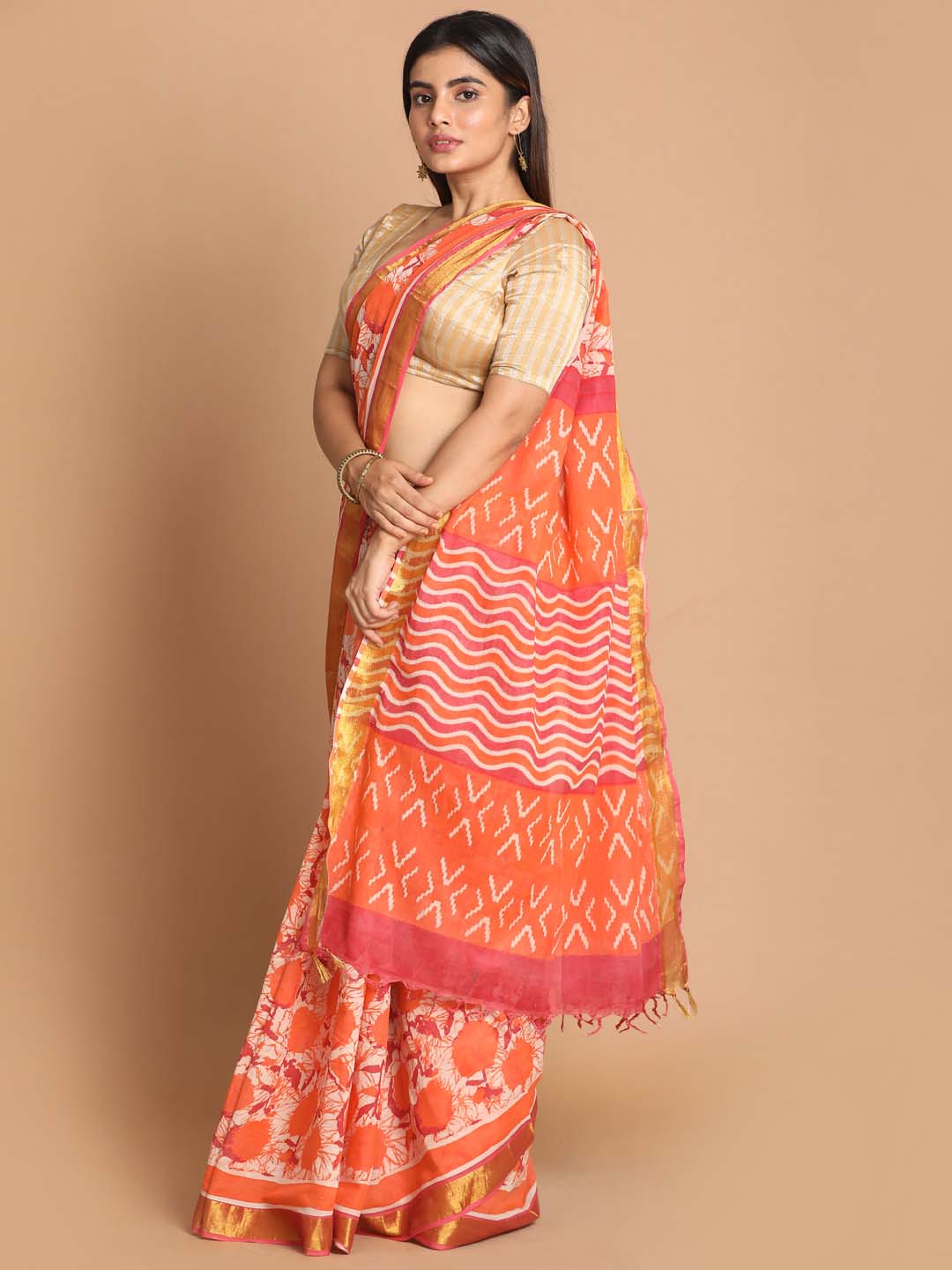 Indethnic Printed Pure Cotton Saree in Orange - View 2