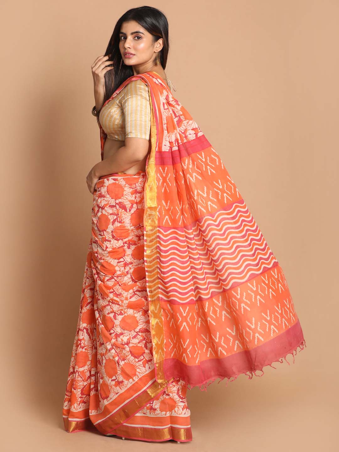 Indethnic Printed Pure Cotton Saree in Orange - View 3