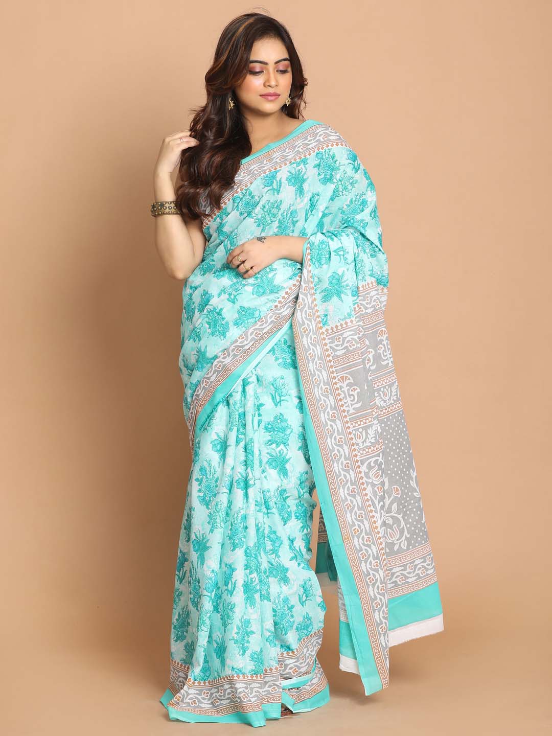 Indethnic Printed Pure Cotton Saree in Sea Green - View 1
