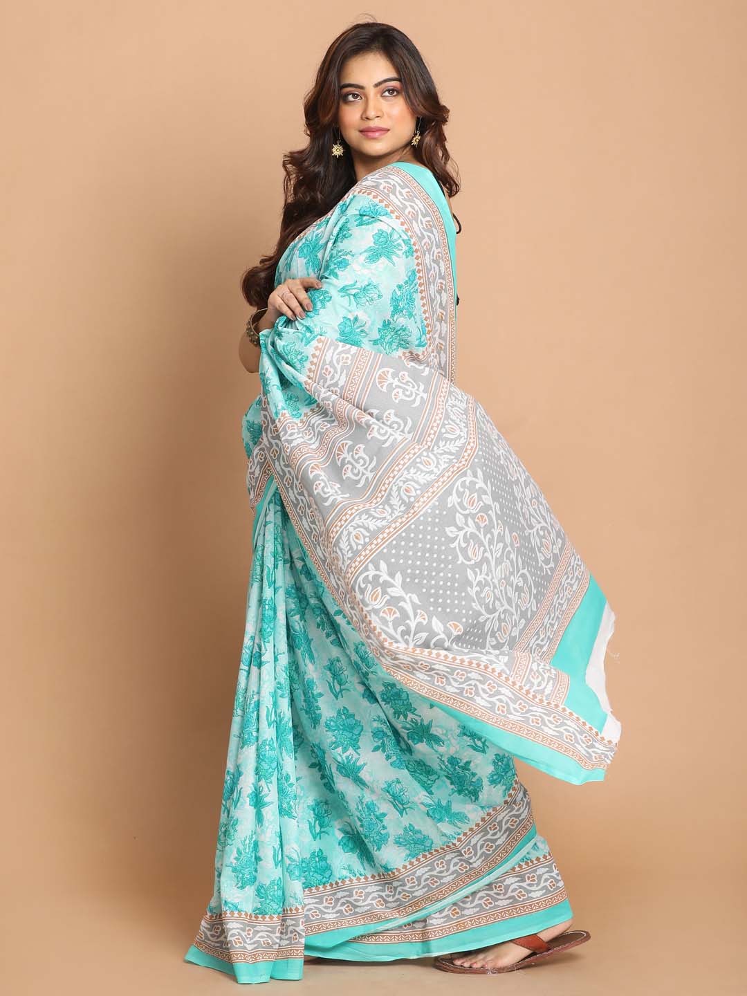 Indethnic Printed Pure Cotton Saree in Sea Green - View 1