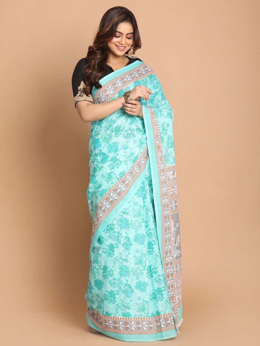 Indethnic Printed Pure Cotton Saree in Sea Green - View 1