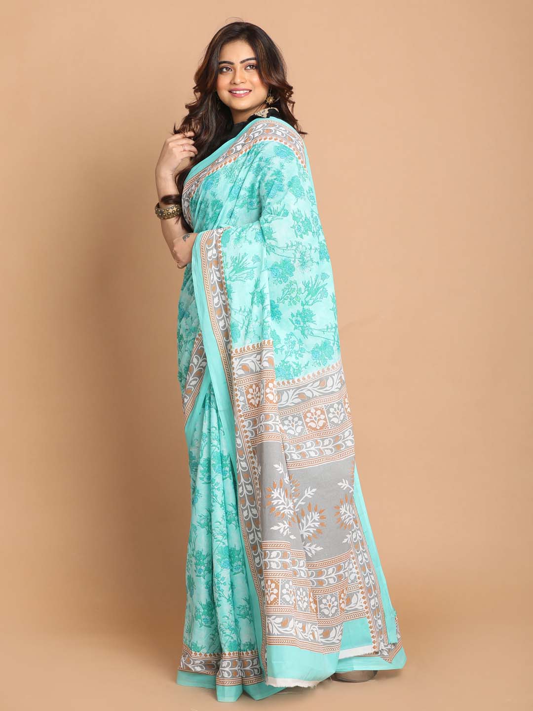 Indethnic Printed Pure Cotton Saree in Sea Green - View 2