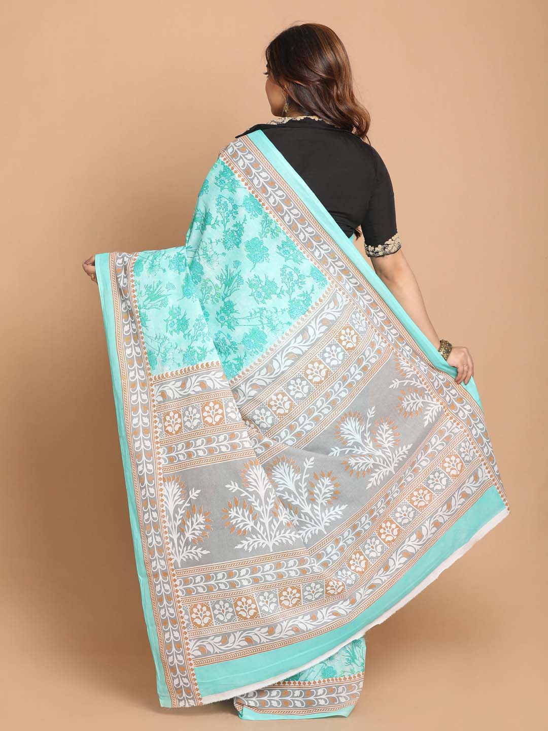 Indethnic Printed Pure Cotton Saree in Sea Green - View 3