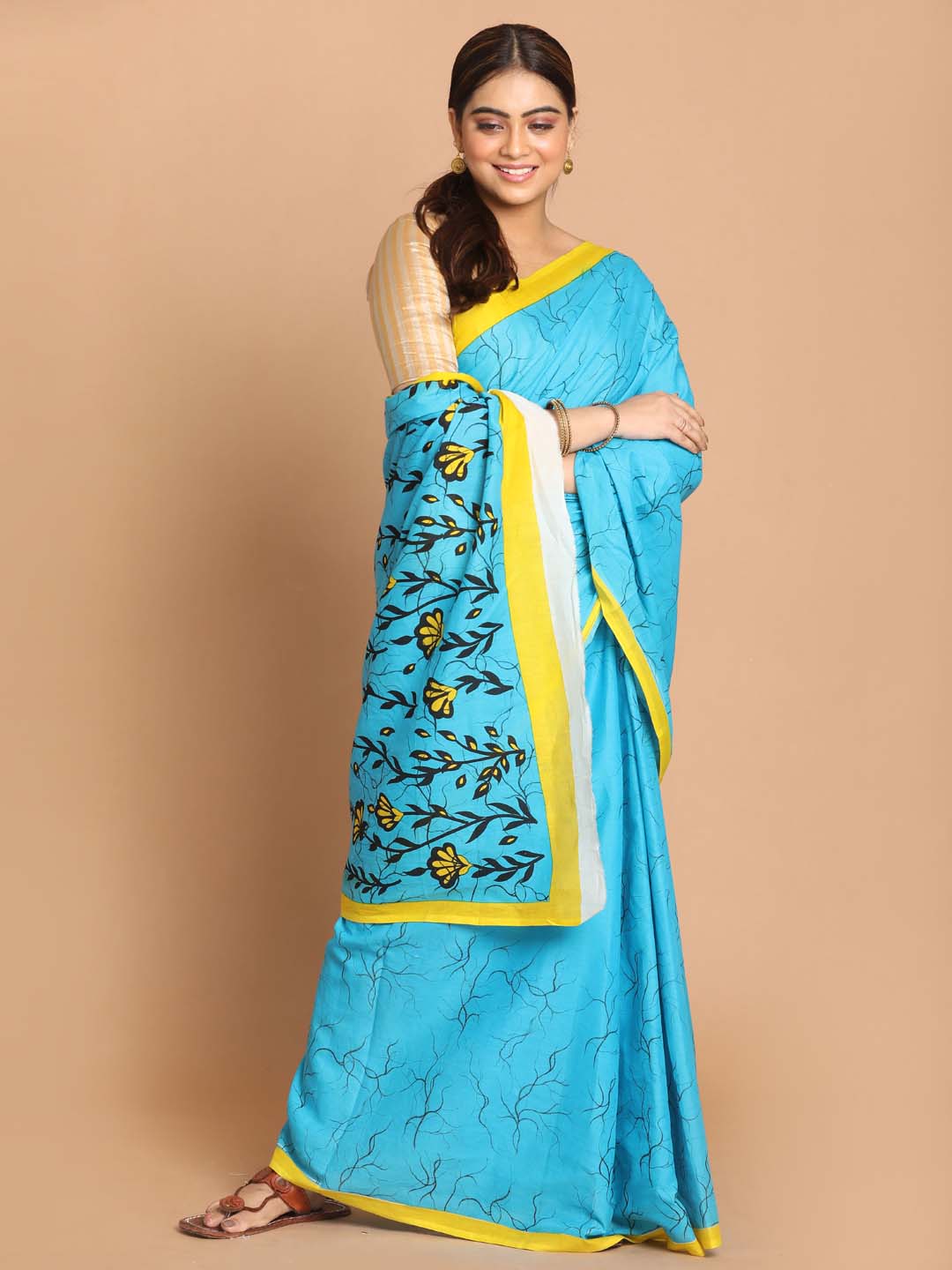 Indethnic Printed Pure Cotton Saree in Turquoise Blue - View 1
