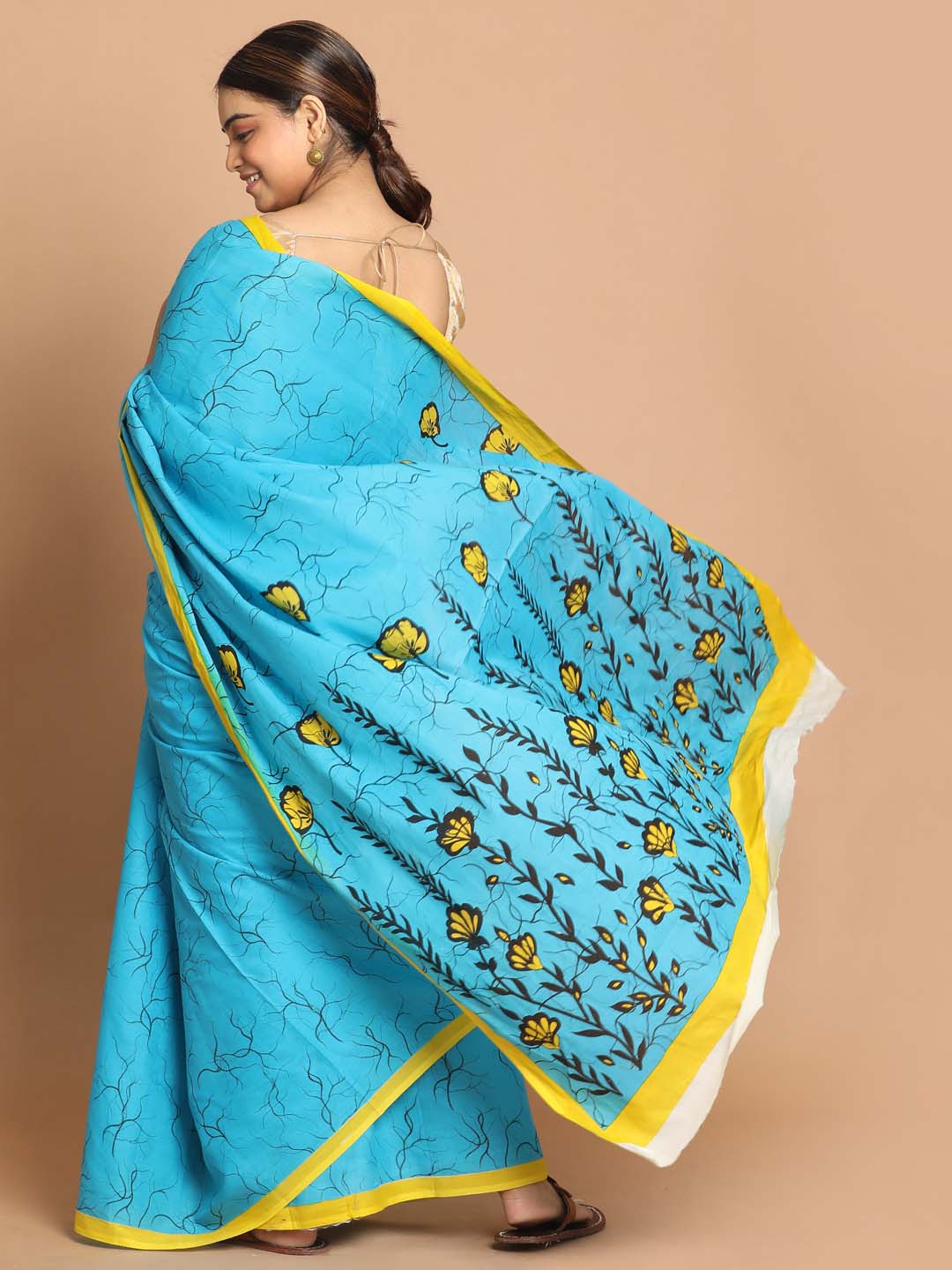 Indethnic Printed Pure Cotton Saree in Turquoise Blue - View 1