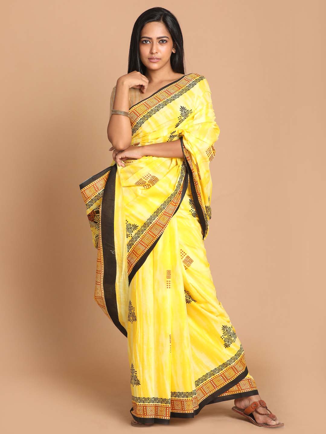 Indethnic Printed Pure Cotton Saree in Yellow - View 1