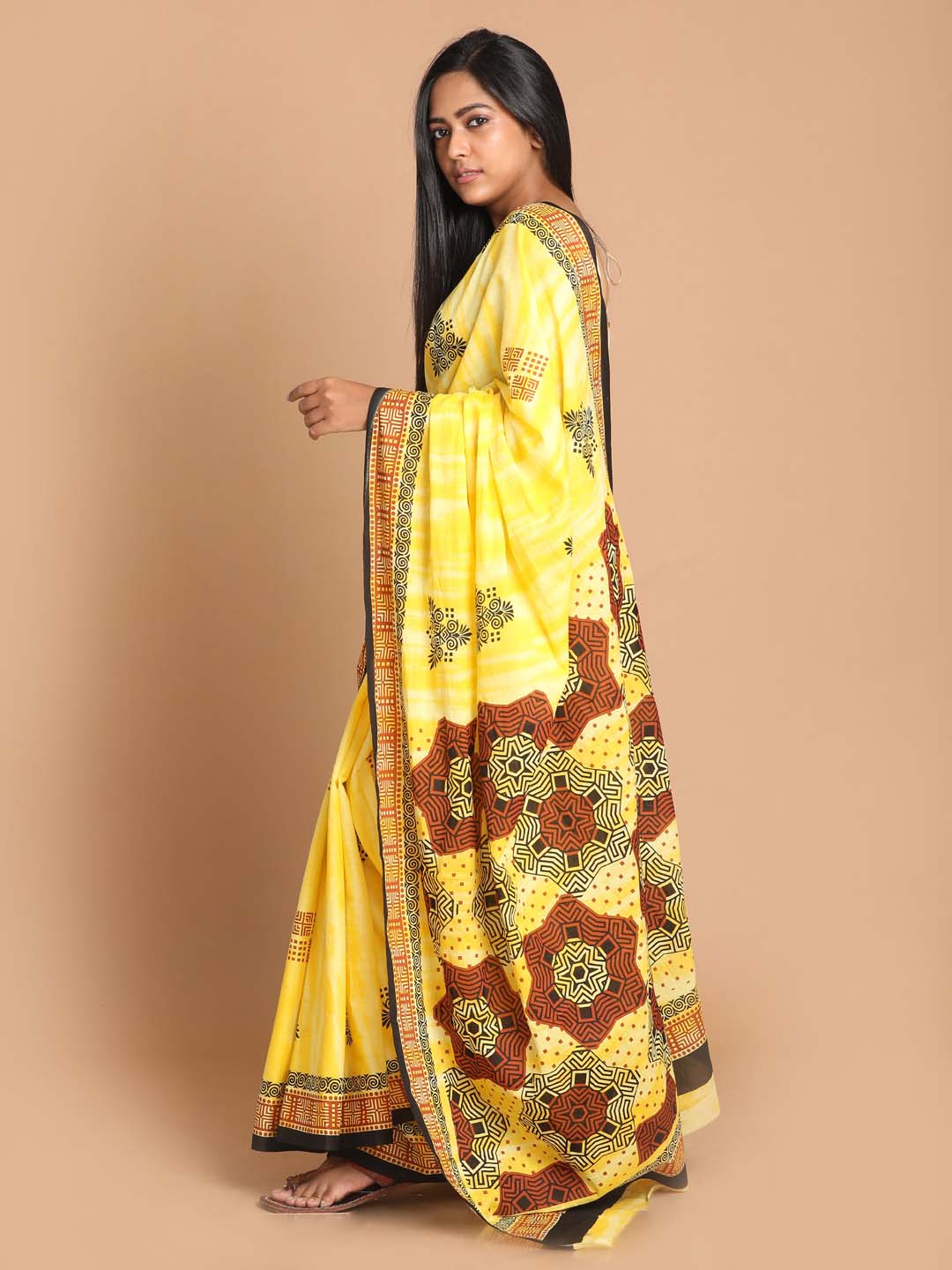 Indethnic Printed Pure Cotton Saree in Yellow - View 1