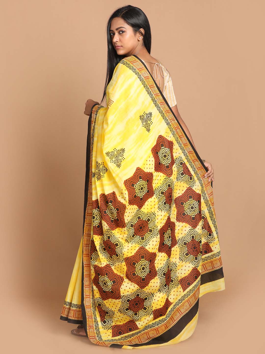 Indethnic Printed Pure Cotton Saree in Yellow - View 3