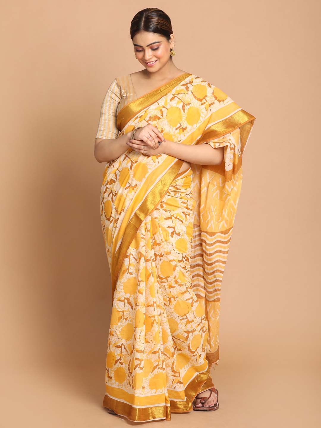 Indethnic Printed Pure Cotton Saree in Yellow - View 1