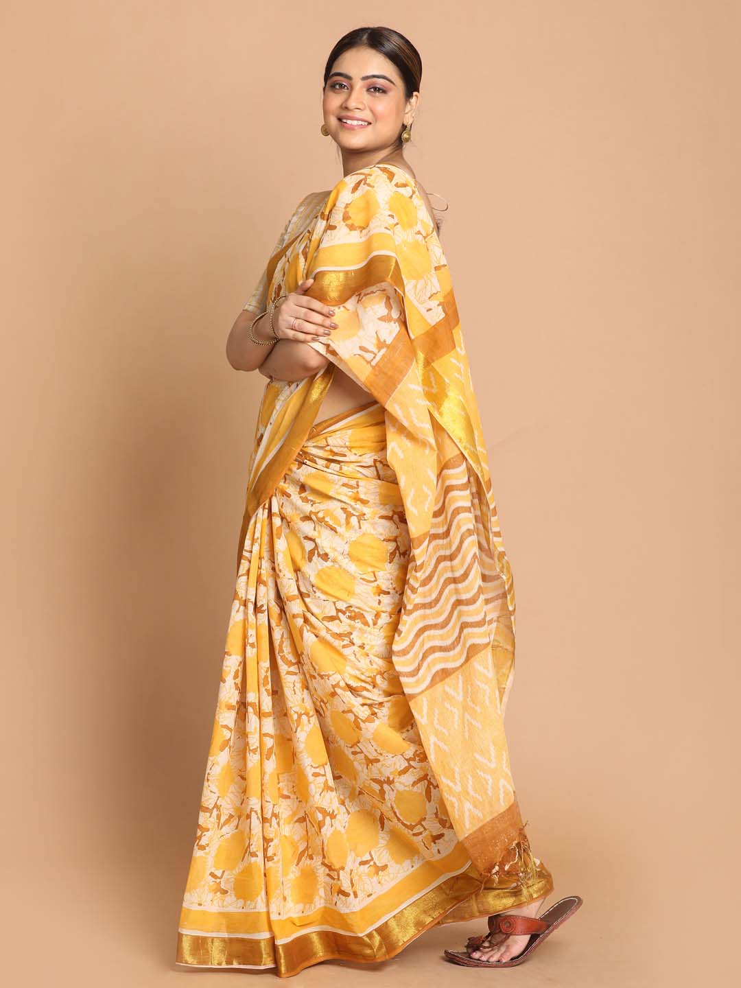 Indethnic Printed Pure Cotton Saree in Yellow - View 2