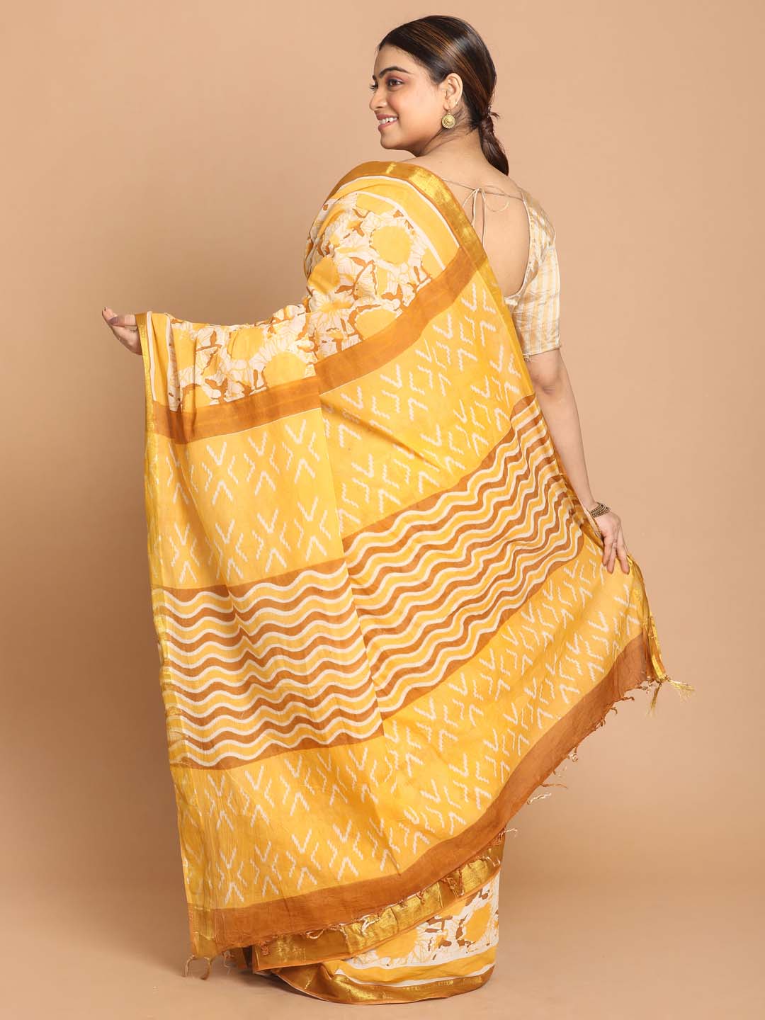 Indethnic Printed Pure Cotton Saree in Yellow - View 3