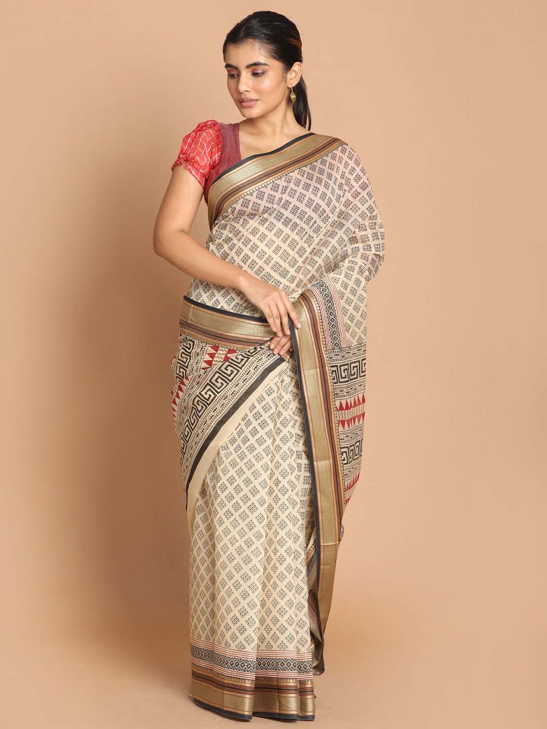 Indethnic Printed Cotton Blend Saree in Black - View 1