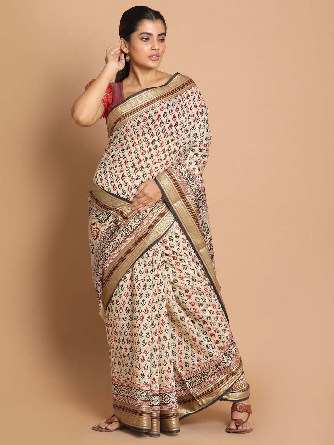 Indethnic Printed Cotton Blend Saree in Black - View 1