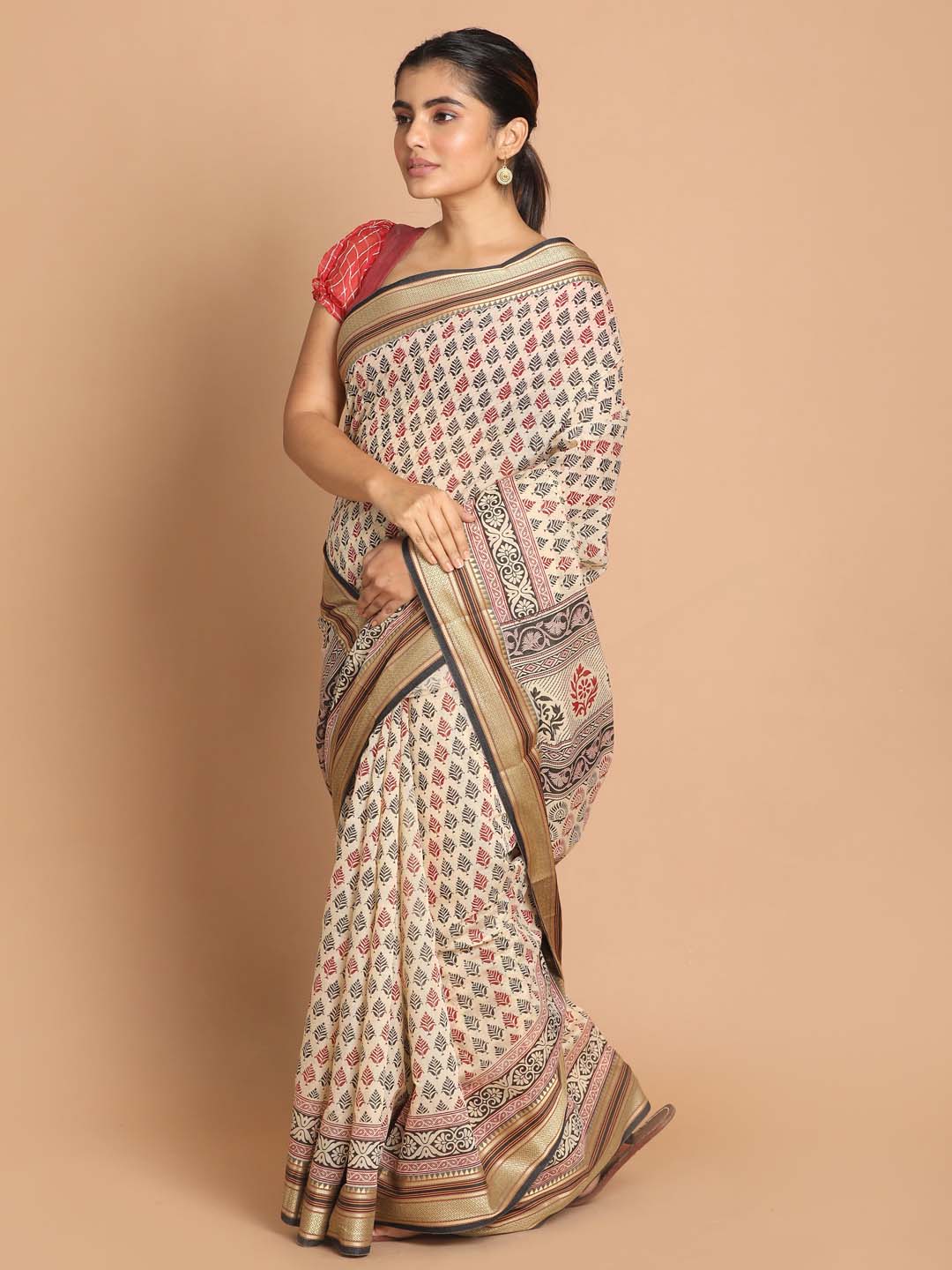 Indethnic Printed Cotton Blend Saree in Black - View 2