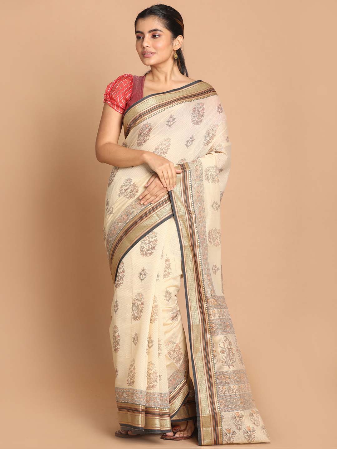 Indethnic Printed Cotton Blend Saree in Black - View 2