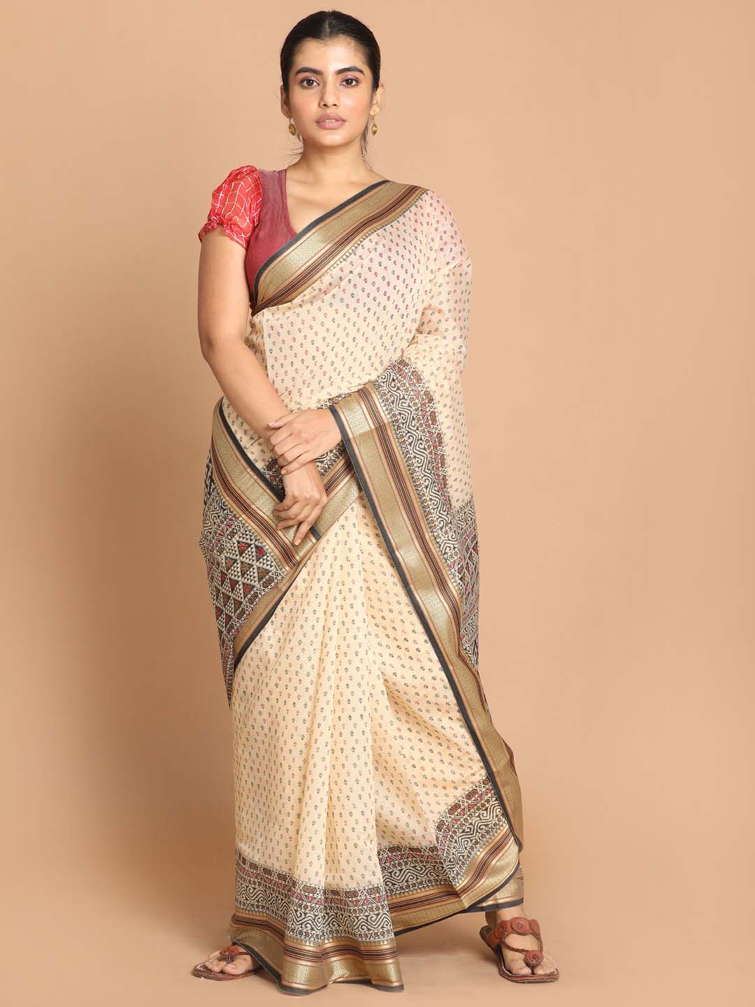 Indethnic Printed Cotton Blend Saree in Black - View 1